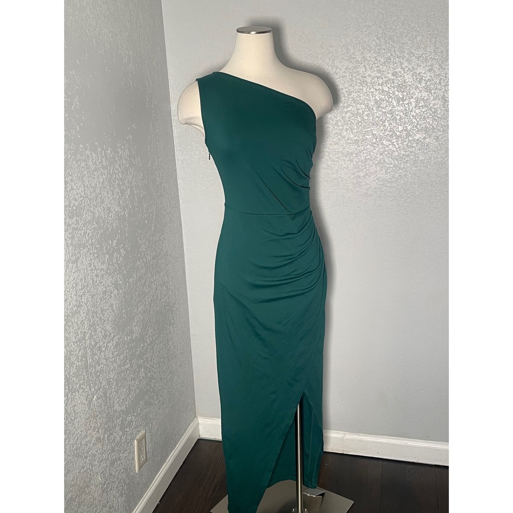 Sarin Mathews Womens One Shoulder Ruched Maxi Dress Forest Green Front Slit S